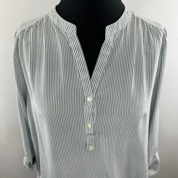 CLOSED White Gray Striped Silk 3/4 Sleeve Split V-Neck Popover Blouse M XL $350 - Picture 2 of 6